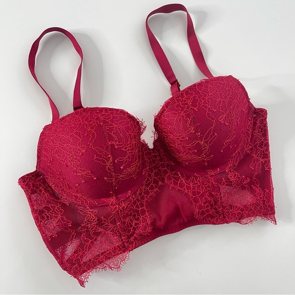 Victoria’s Secret Balconet Red Lace Long LineBustier Push Up Bra 32B - Picture 1 of 6